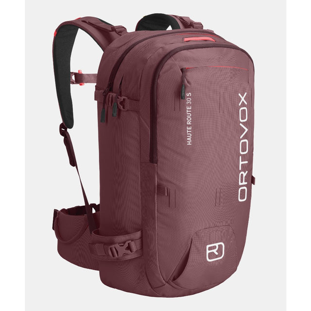Back view of ortovox haute route 30 ski touring pack in mountain rose colour