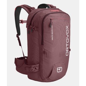 Back view of ortovox haute route 30 ski touring pack in mountain rose colour