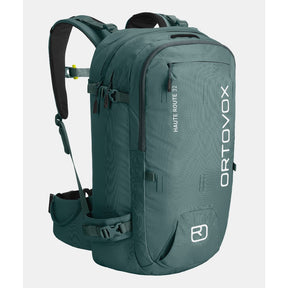 Back view of ortovox haute route 32 ski touring pack in green/grey colour