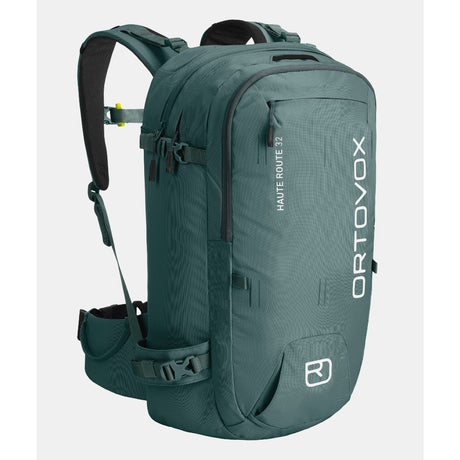Back view of ortovox haute route 32 ski touring pack in green/grey colour