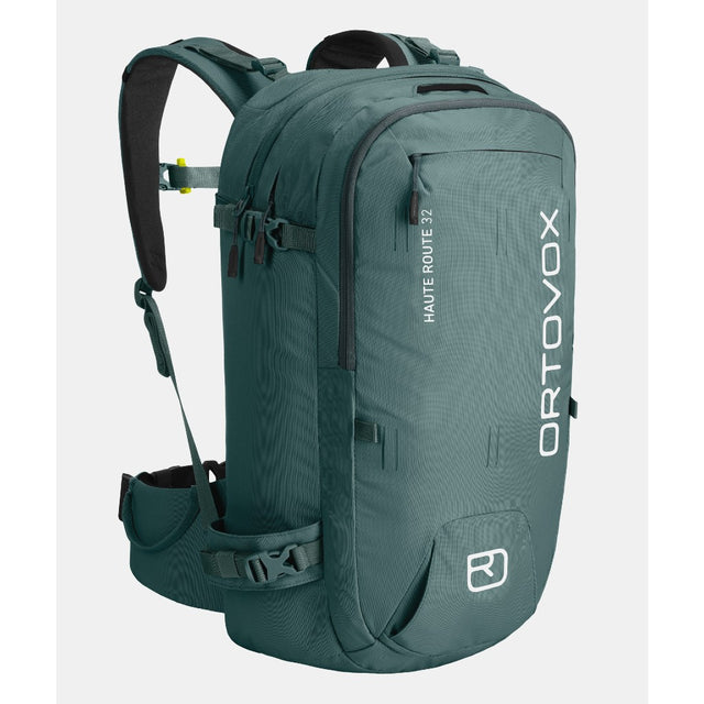 Back view of ortovox haute route 32 ski touring pack in green/grey colour