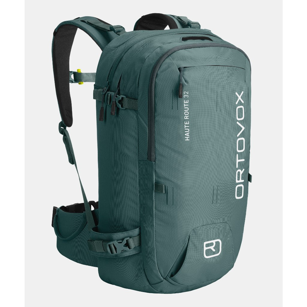 Back view of ortovox haute route 32 ski touring pack in green/grey colour