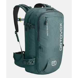 Back view of ortovox haute route 32 ski touring pack in green/grey colour