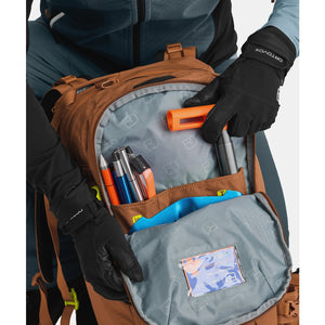 Safety compartment detail of ortovox haute route 32 ski touring pack