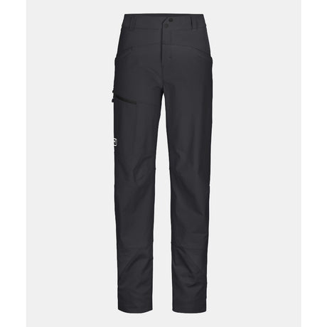 Front view of women's black Ortovox Mondeval softshell pants