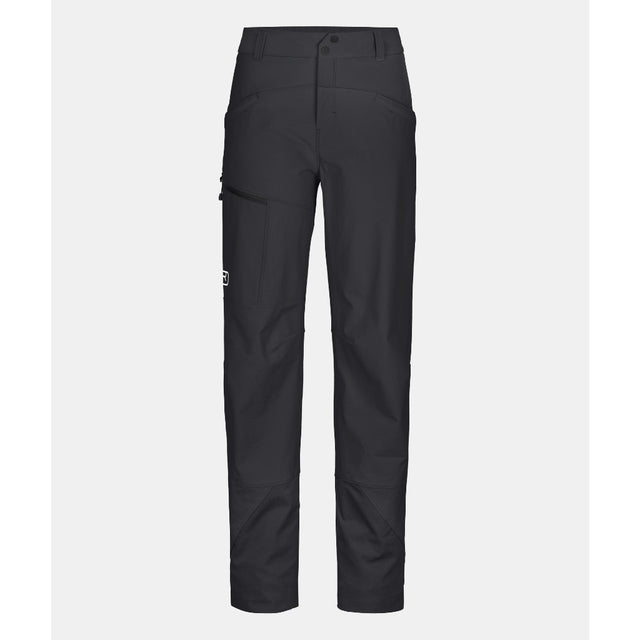 Front view of women's black Ortovox Mondeval softshell pants