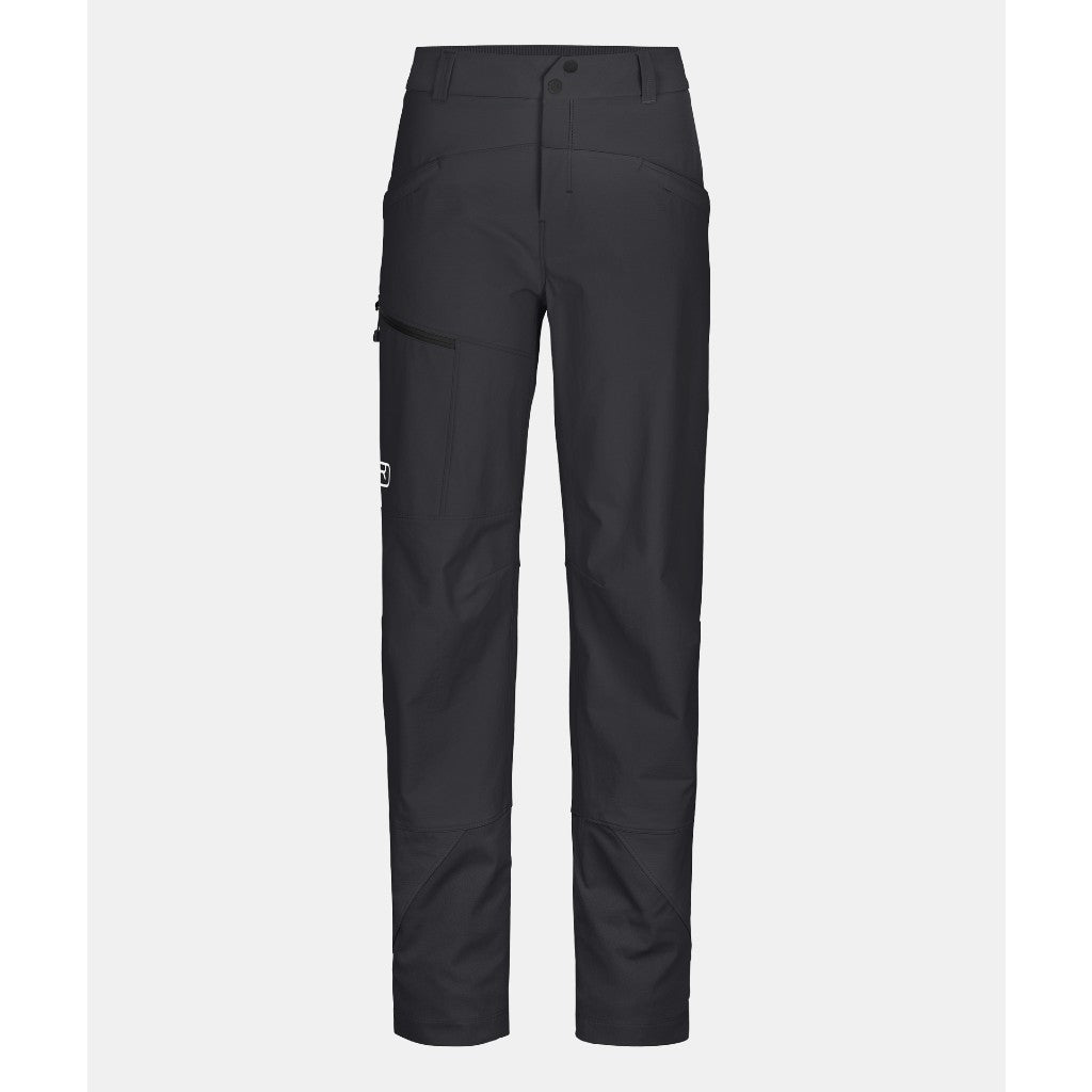 Front view of women's black Ortovox Mondeval softshell pants