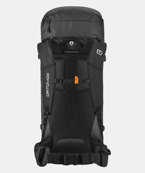 Back of ortovox peak light 32 backpack in black raven colour