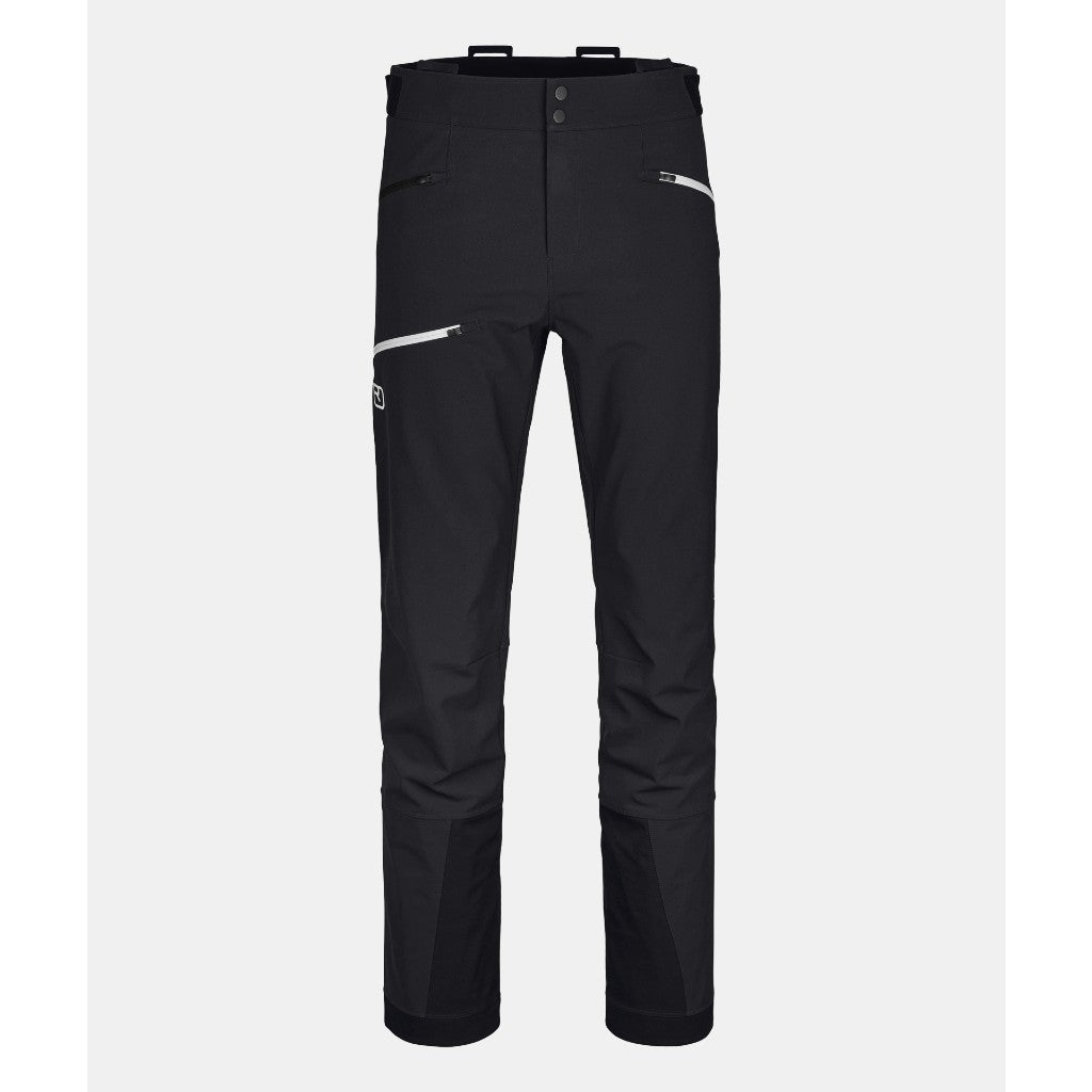 Front view of men's black Ortovox Pizol softshell pants