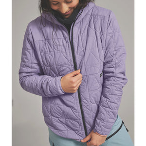 On-model view of women's lavender Ortovox ravine metawool 90 jacket