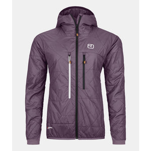 Front view of women's Ortovox Swisswool Piz Boe jacket in wild berry colour