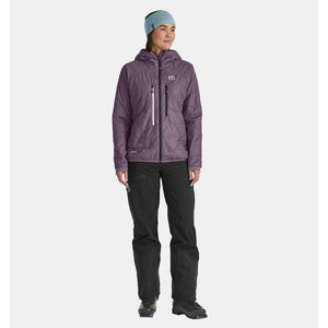 On-model view of women's Ortovox Swisswool Piz Boe jacket in wild berry colour