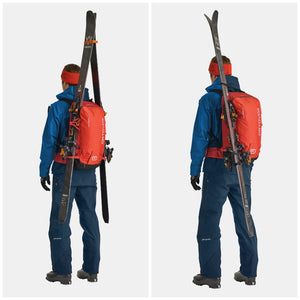 Ski attachment configuration of Ortovox Switchback 32 back pack in hot orange