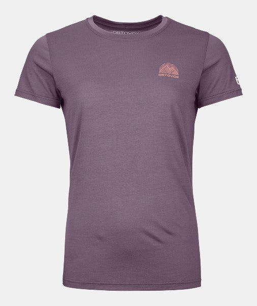 Front of women's ortovox 120 cool tec mtn stripe t-shirt in wild berry