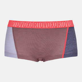 Front view of women's Ortovox 150 Essential Hot Pants in 'mountain rose' colour