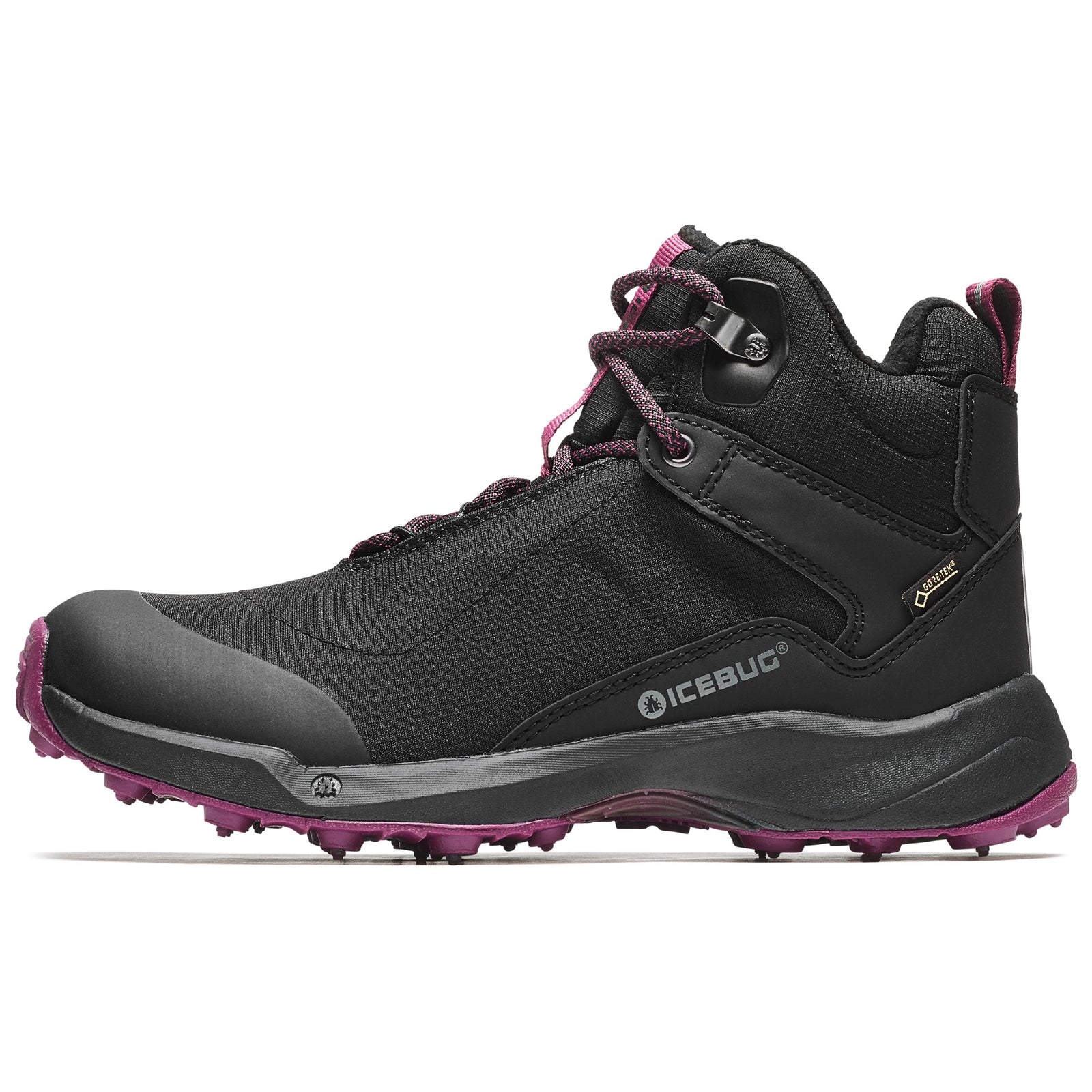 Side view of women's Icebug Pace3 studded boot in black/hibiscus