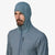 Hood detail of men's patagonia airshed pro pullover jacket in utility blue