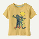Front view of kids' yellow patagonia t-shirt with jaguar graphic