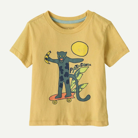 Front view of kids' yellow patagonia t-shirt with jaguar graphic