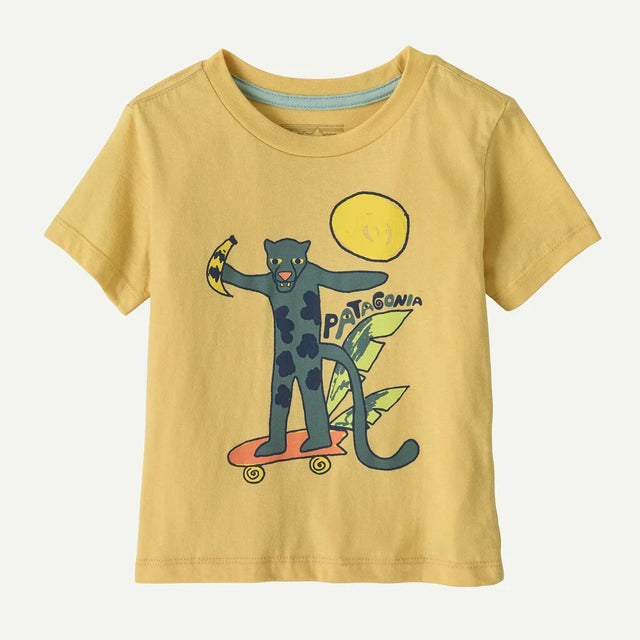 Front view of kids' yellow patagonia t-shirt with jaguar graphic