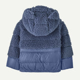 Back view of baby's blue Patagonia Hi-Loft furry friends jacket