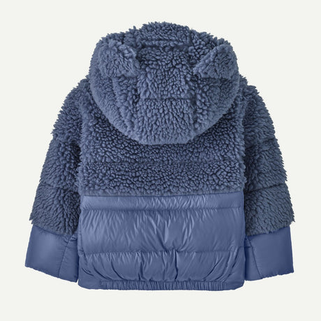 Back view of baby's blue Patagonia Hi-Loft furry friends jacket