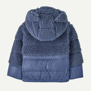 Back view of baby's blue Patagonia Hi-Loft furry friends jacket