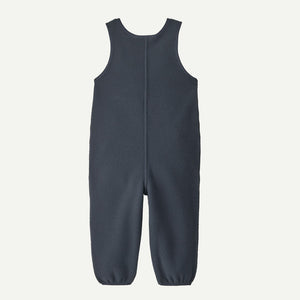 Back view of navy Patagonia baby synchilla fleece overalls