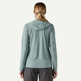 Back on-model view of women's patagonia Capilene Cool Daily Hoody in thermal blue