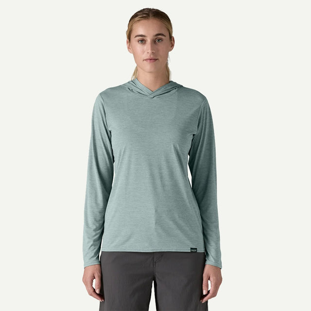 Front on-model view of women's patagonia Capilene Cool Daily Hoody in thermal blue