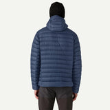 Back on-model view of men's navy Patagonia down sweater hoody