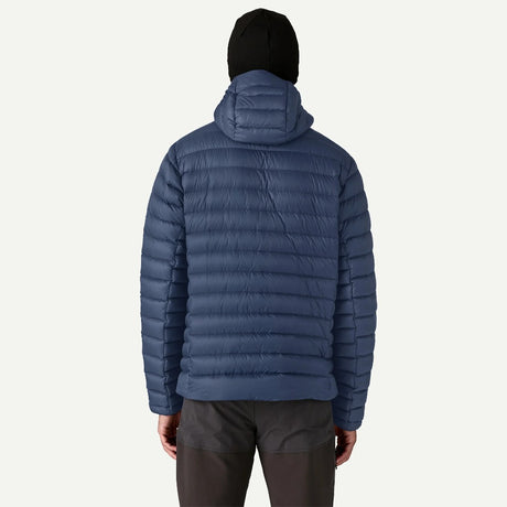 Back on-model view of men's navy Patagonia down sweater hoody