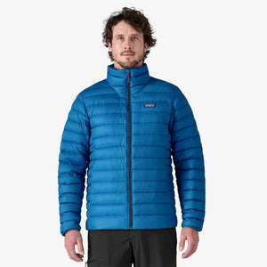 Front on-model view of men's Patagonia Down Sweater in Endless Blue colour