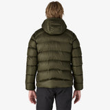 Back on-model view of men's Patagonia Fitz Roy Down Hoody in Pine Needle Green colour