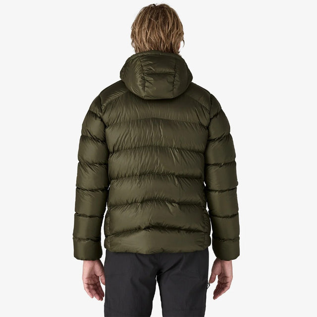 Back on-model view of men's Patagonia Fitz Roy Down Hoody in Pine Needle Green colour