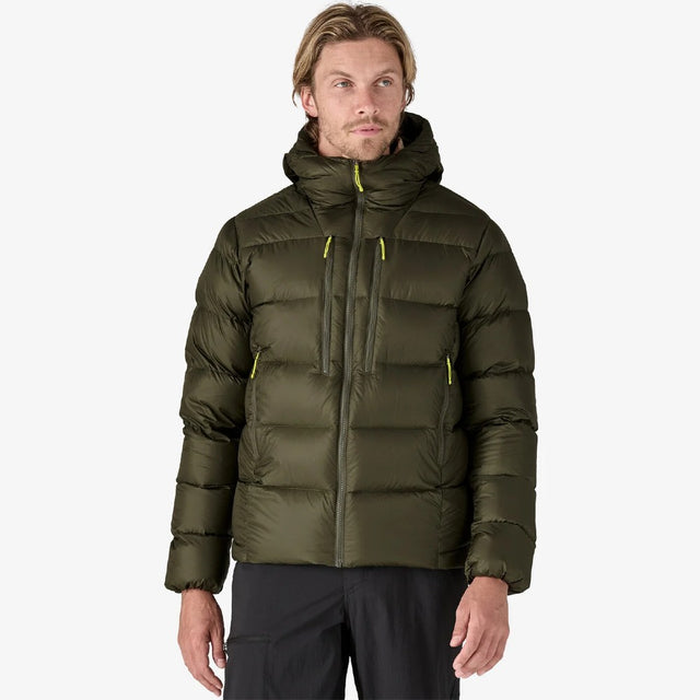 Front on-model view of men's Patagonia Fitz Roy Down Hoody in Pine Needle Green colour