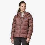 Front on-model view of women's Patagonia Fitz Roy Down Hoody in Dulse Mauve colour