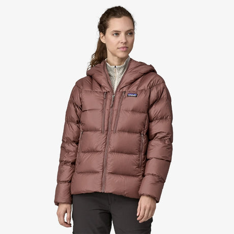 Front on-model view of women's Patagonia Fitz Roy Down Hoody in Dulse Mauve colour