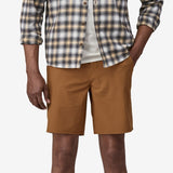 Front on-model view of men's Patagonia Hydropeak Hybrid Walk Shorts in tree ring brown