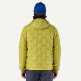 Back on-model view of men's yellow/green Patagonia Micro Puff hoody jacket