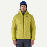 Front on-model view of men's yellow/green Patagonia Micro Puff hoody jacket