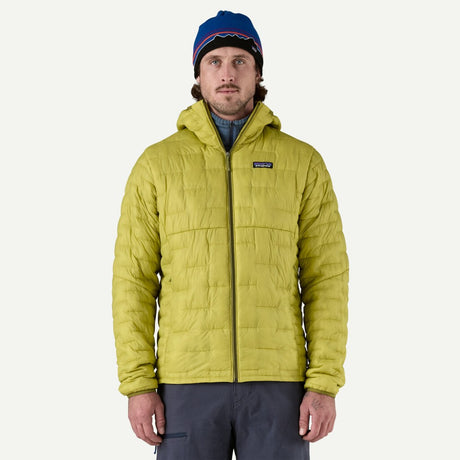 Front on-model view of men's yellow/green Patagonia Micro Puff hoody jacket