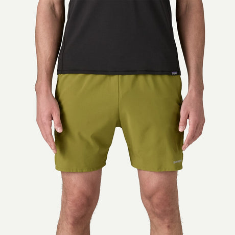 Front on-model view of men's green patagonia multi trails shorts