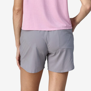 Back on-model view of women's Patagonia Multi Trails 5.5" Shorts in herring grey