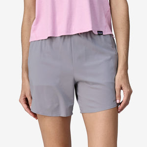 Front on-model view of women's Patagonia Multi Trails 5.5" Shorts in herring grey