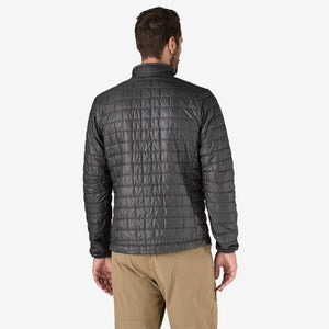 Back on-model view of men's Patagonia Nano Puff jacket in Forge Grey colour