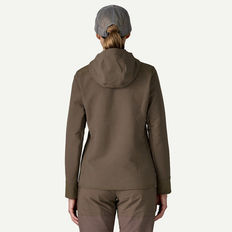 Back on-model view of women's brown Patagonia CrossStrata Pullover