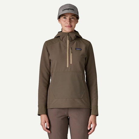 Front on-model view of women's brown Patagonia CrossStrata Pullover