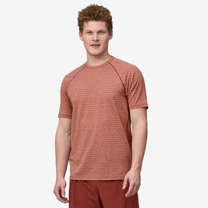 Front on-model view of men's Patagonia Ride Flow Shirt in mangrove red