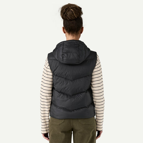 Back on-model view of women's black Patagonia Sindit down vest